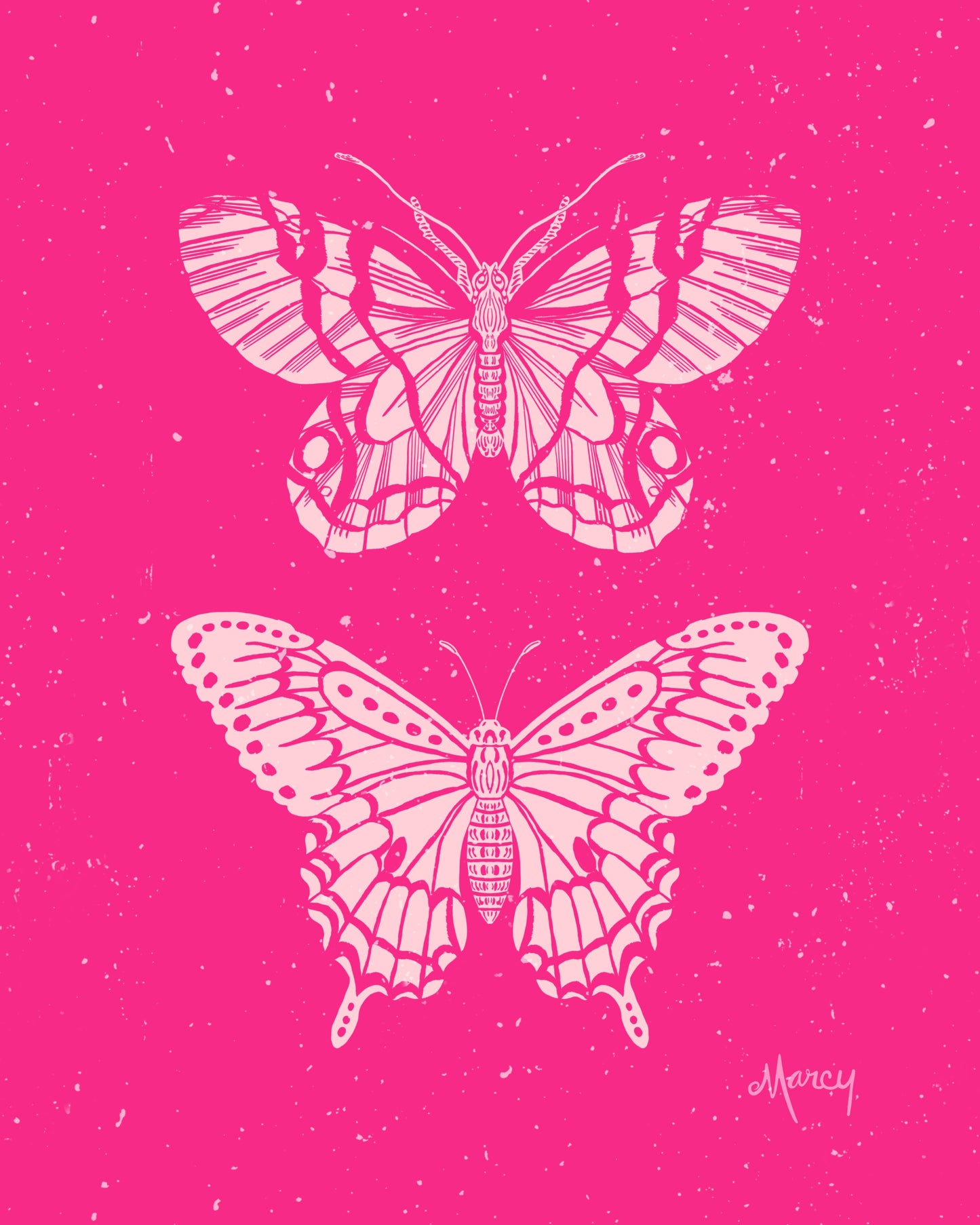 Pink Butterflies Block Print Illustration