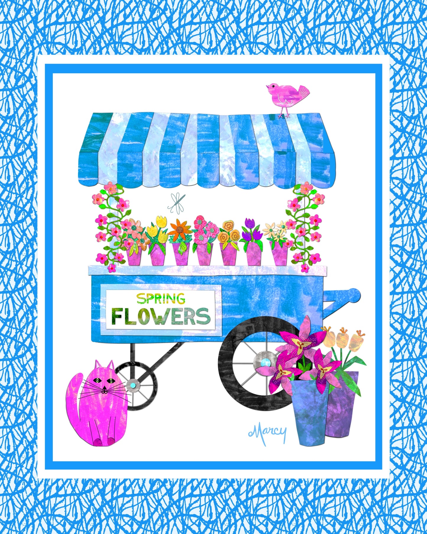 Spring Flower Cart Collage - 8x10 Illustration Digital Download