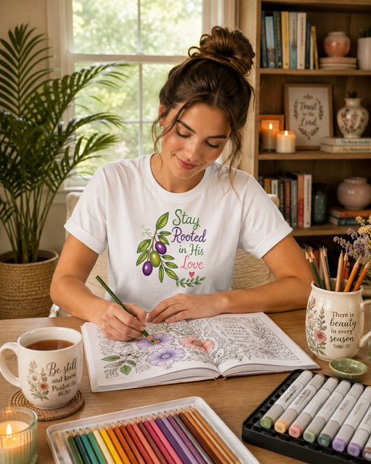 T-Shirt — "Stay Rooted in His Love" Olive Branch Christian Tee