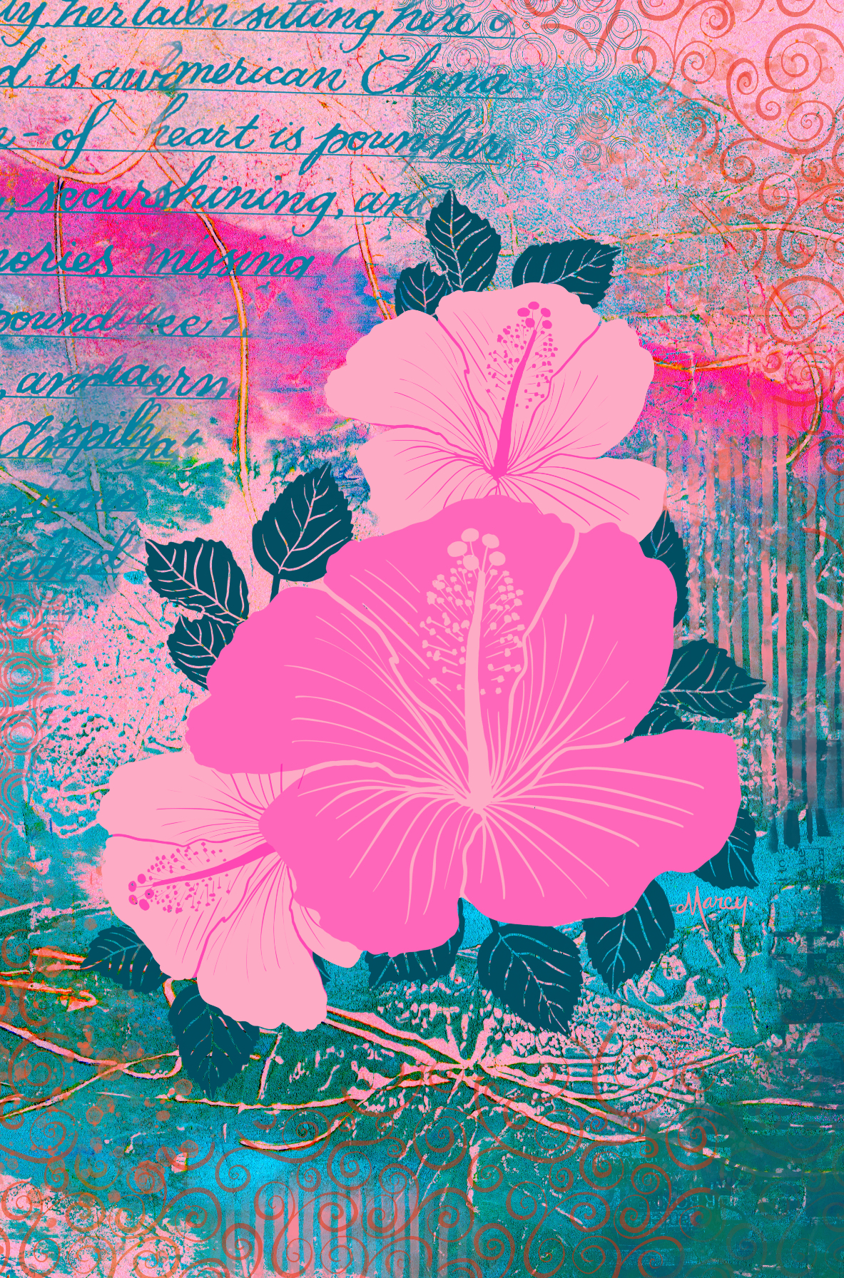 Tropical Blossoms | Three Pink Hibiscus Flowers on Abstract Background | Digital Illustration |Digital Download