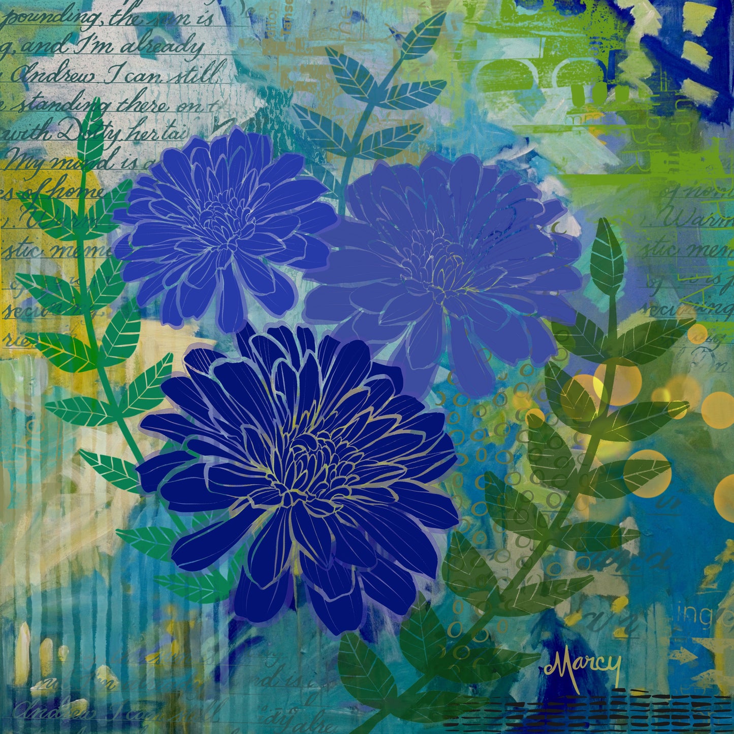 Zinnias on Abstract Background Digital Download | Blues | Greens | Digital Illustration