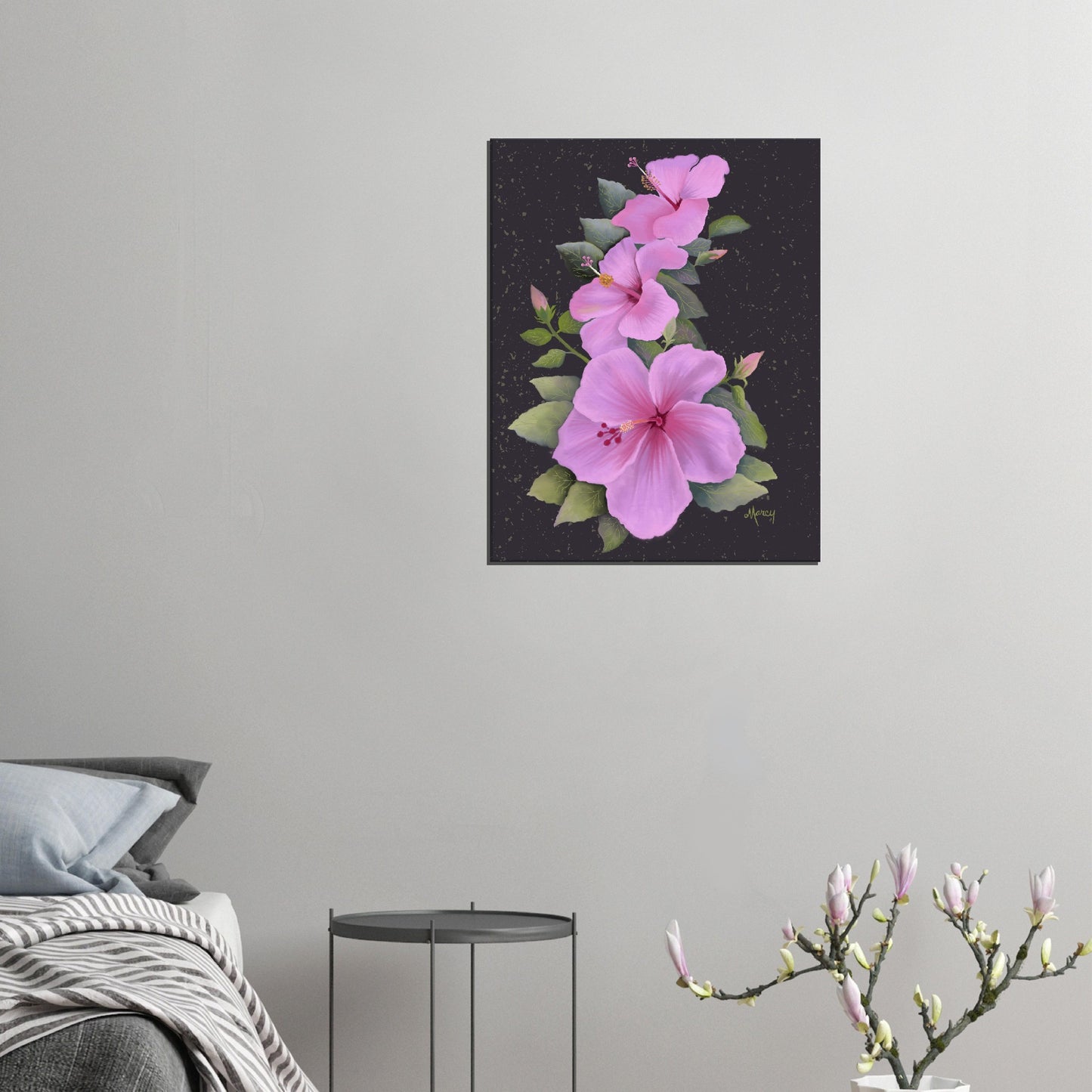 Three Pink Hibiscus on Stretched Canvas
