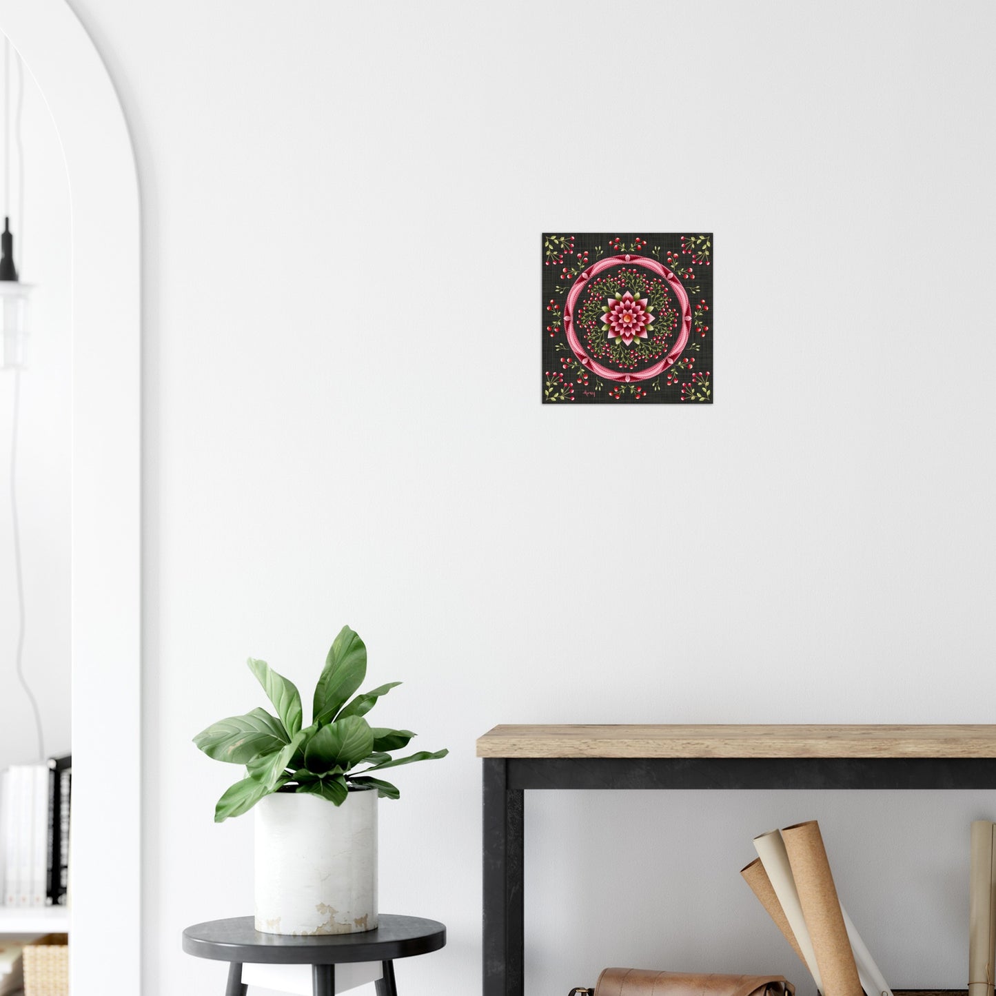 Pink Lotus Flower with Pink Berry Branches Mandala On Textured Charcoal Background Aluminum Print