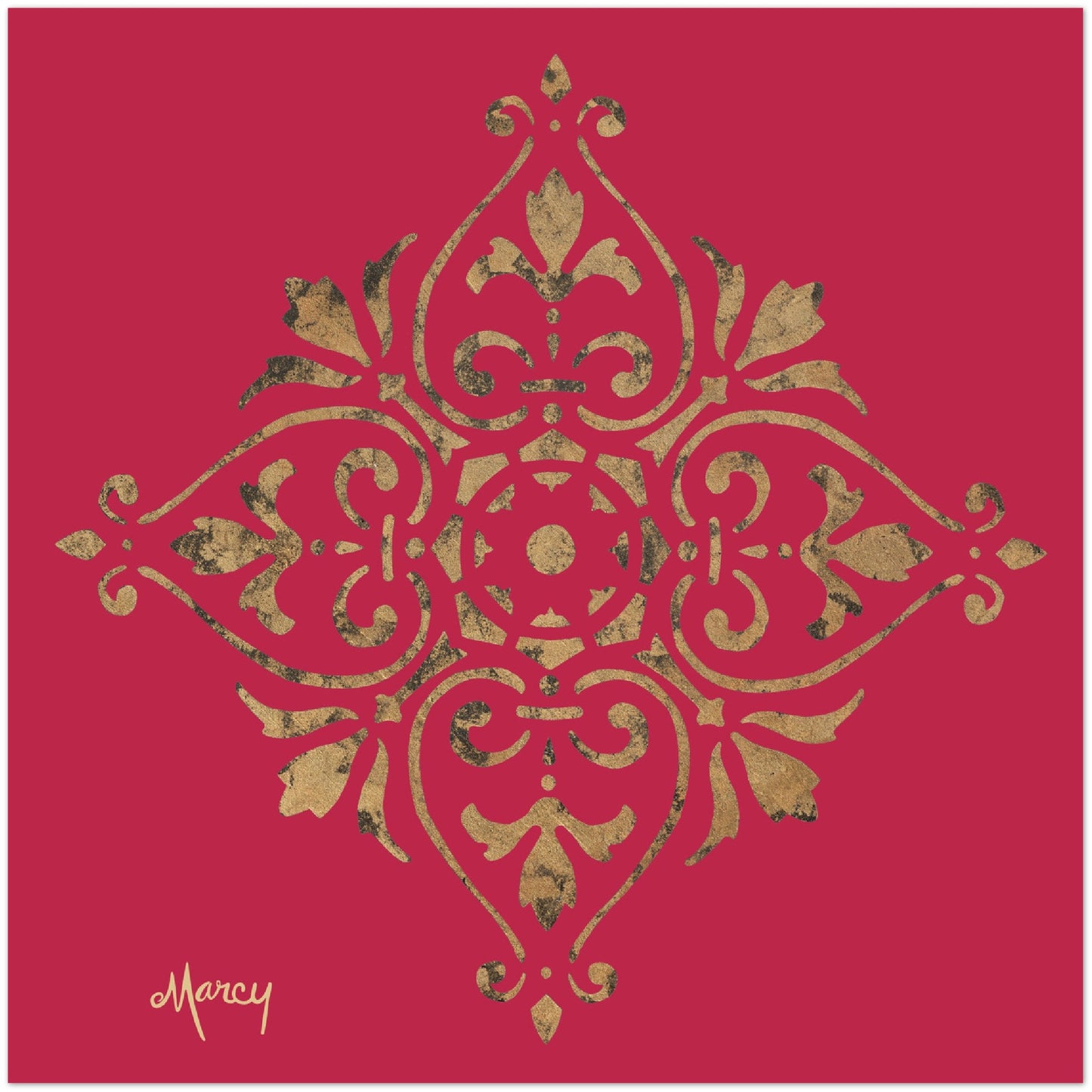 Gold Leaf Mandala on Viva Magenta Background Aluminum Print