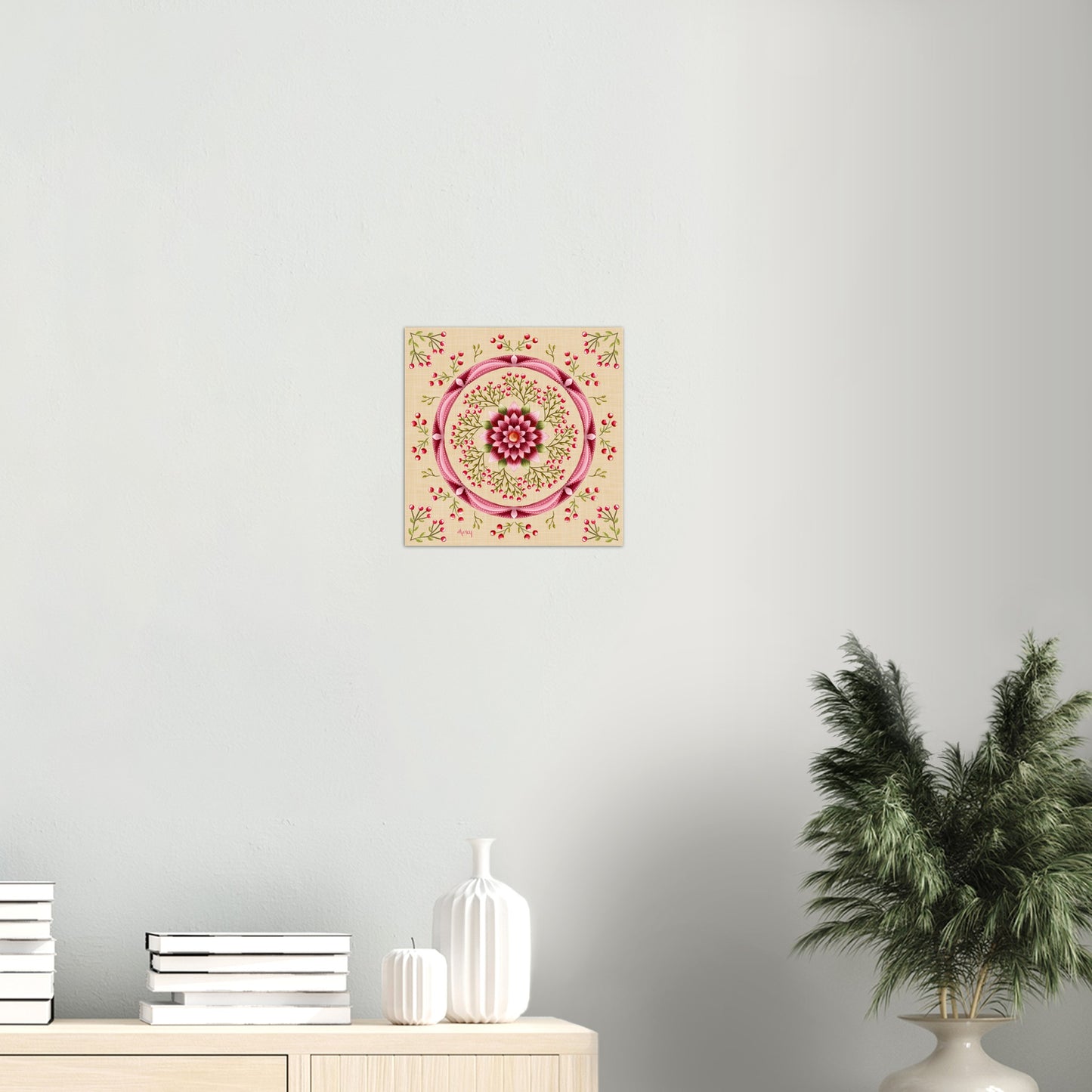 Pink Lotus Flower with Pink Berry Branches Mandala with Textured Yellow Background Aluminum Print