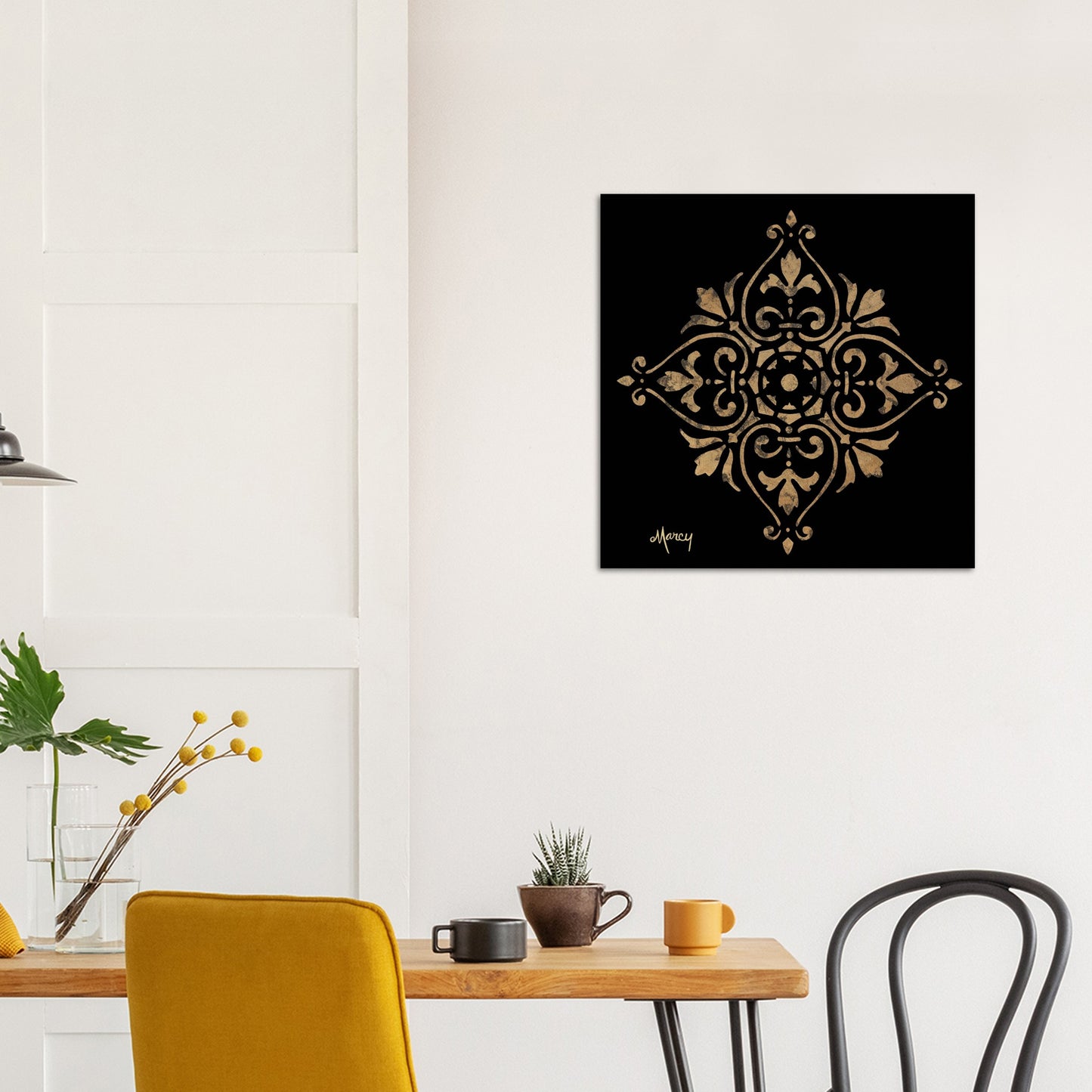 Gold Leaf Mandala  On Black Aluminum Print