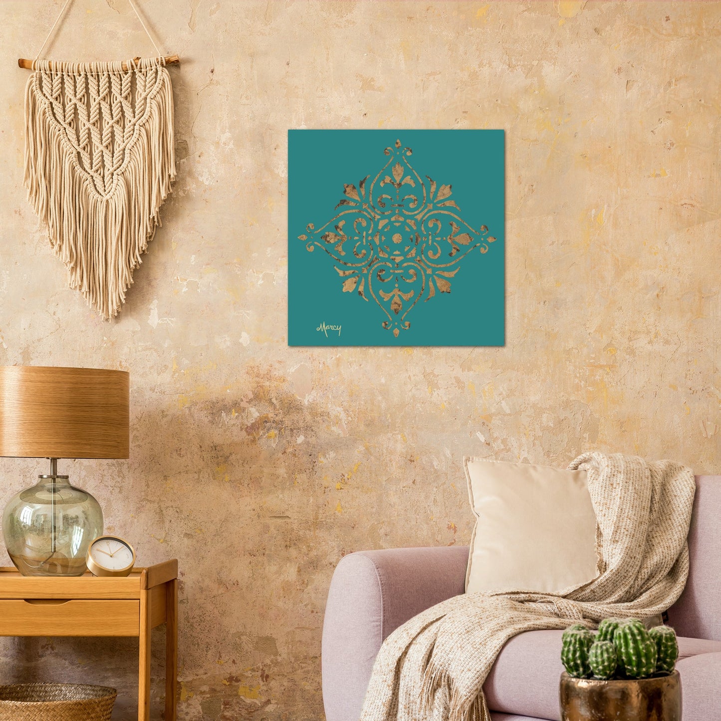 Gold Leaf Mandala on Teal Background Aluminum Print