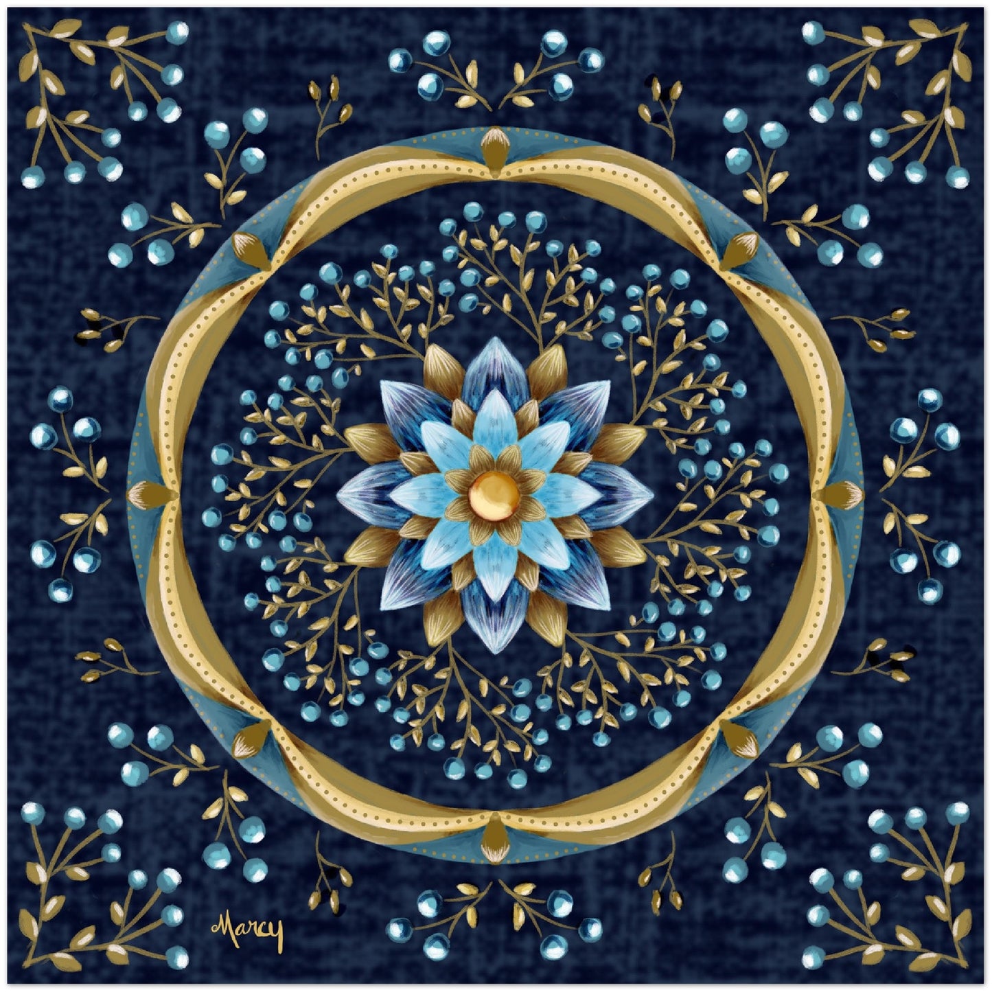 Blue Lotus Flower with Blue Berry Branches and Gold Accents Mandala Aluminum Print