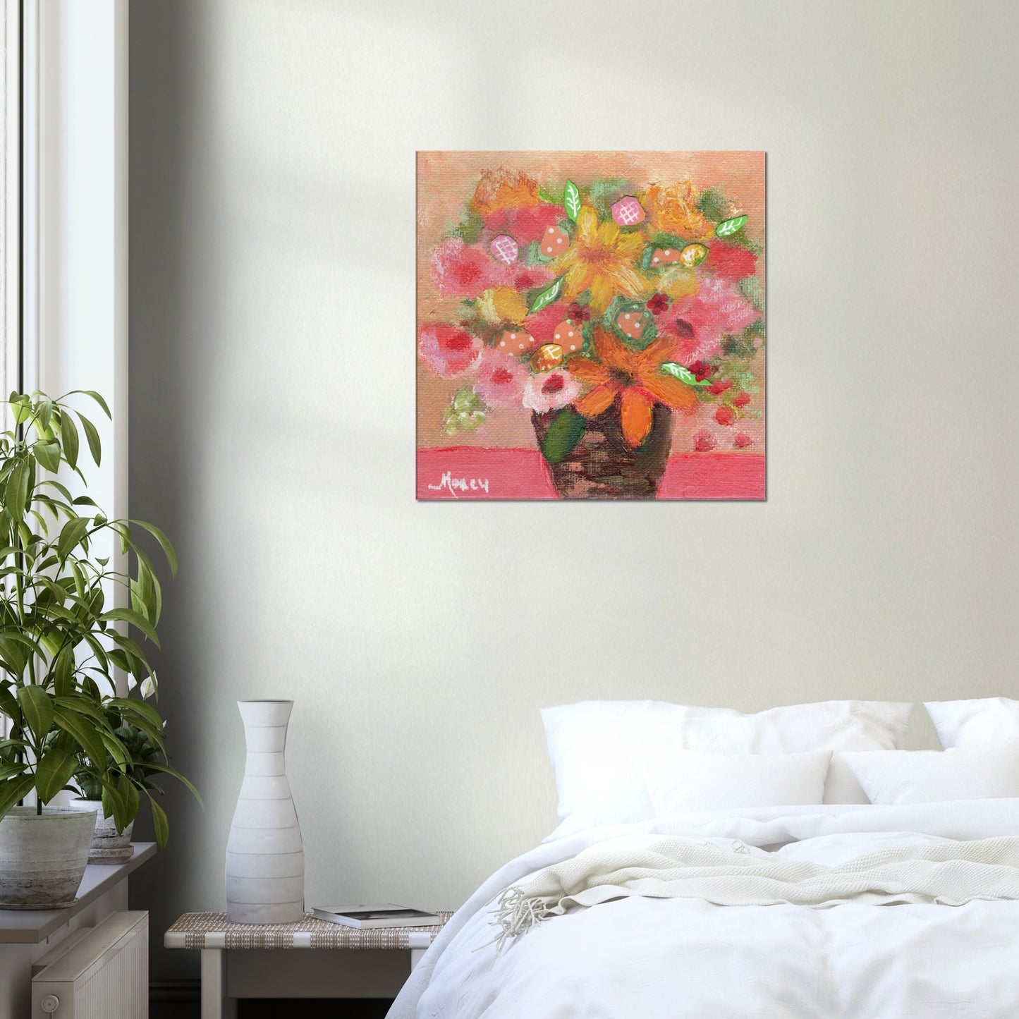 Contemporary Style Fresh Flowers in a Vase in Warm colors on Stretched Canvas
