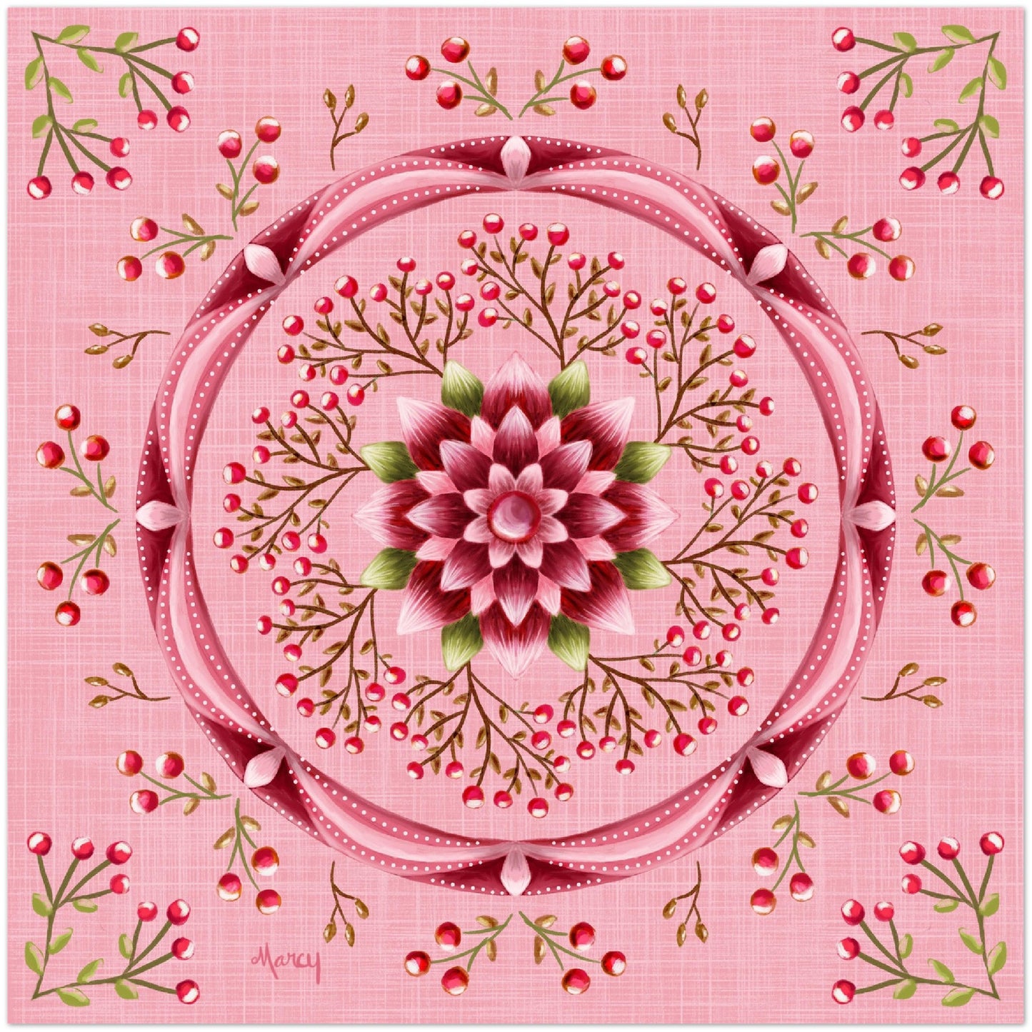 Pink Lotus Flower with Pink Berry Branches Mandala on Pink Textured Background Aluminum Print