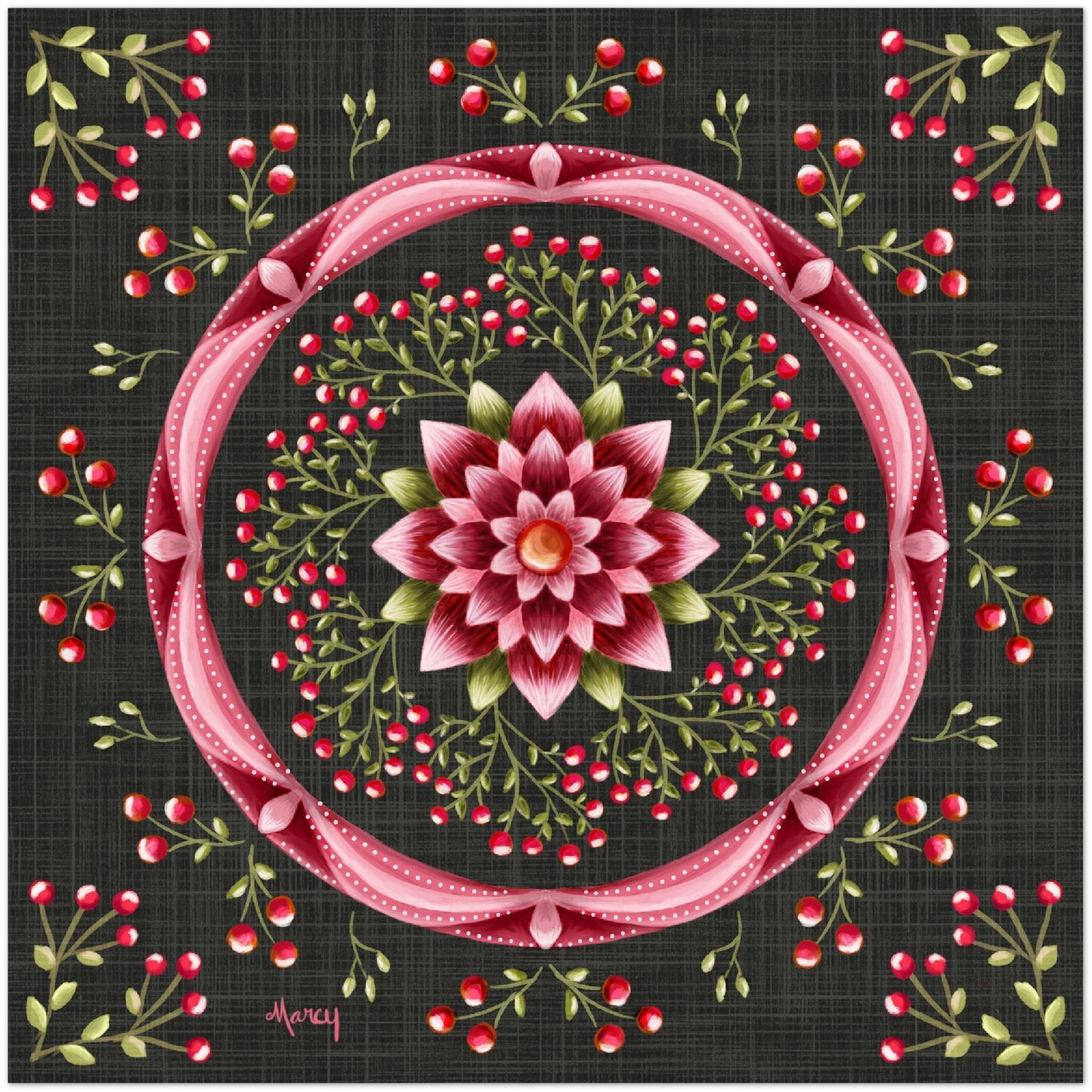 Pink Lotus Flower with Pink Berry Branches Mandala On Textured Charcoal Background Aluminum Print