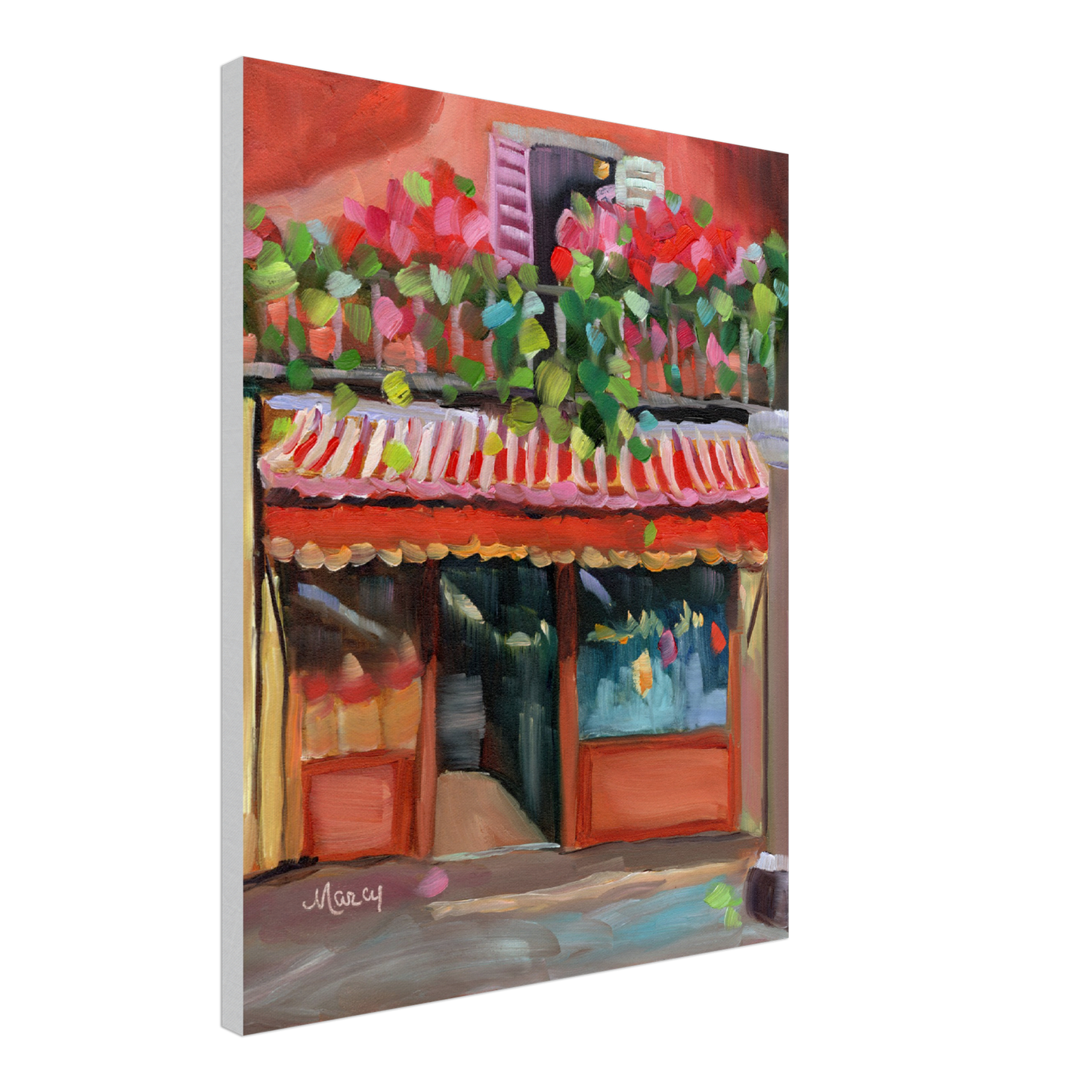 Bello Balcony Over Tuscan Storefront with Red Awning Original Oil & Stretched Canvas Prints