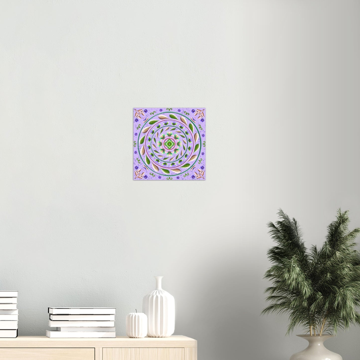 Painterly Mandala with Purple Flowers, Greenery and Textured Lavender Background Aluminum Print