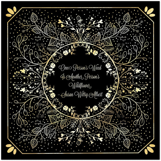 Gold Leaf Wildflowers Mandala with Quote on Black Aluminum Print