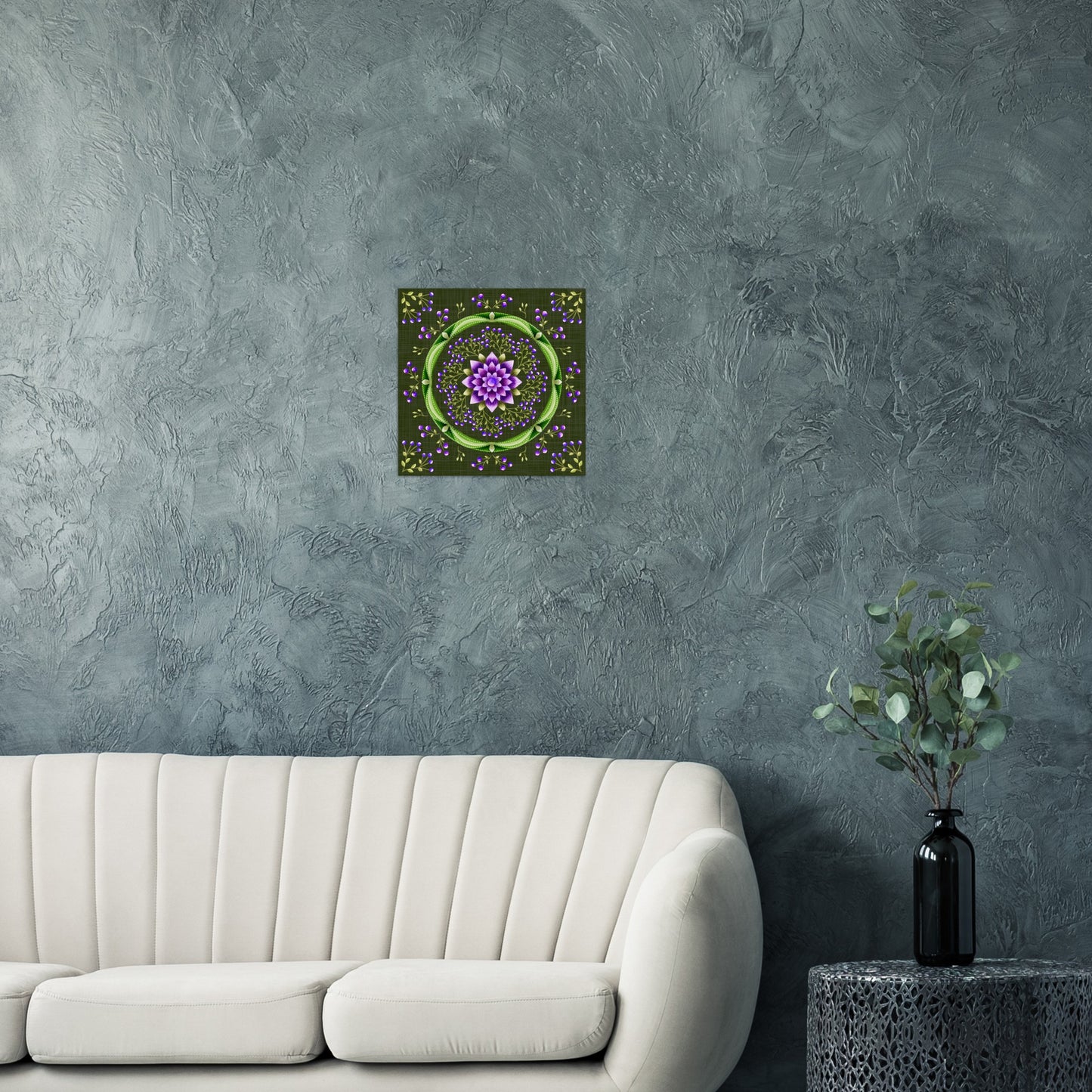 Purple Lotus Flower with Purple Berry Branches Mandala with Textured Charcoal Background Aluminum Print