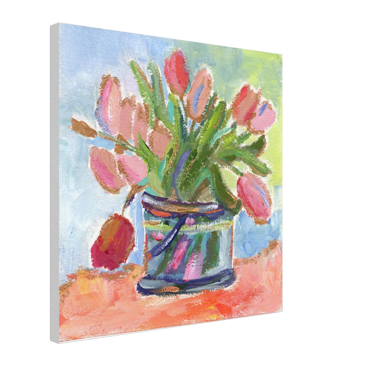 Tulip Love — Impressionistic Pink Tulip Gouache Painting Printed on Stretched Canvas