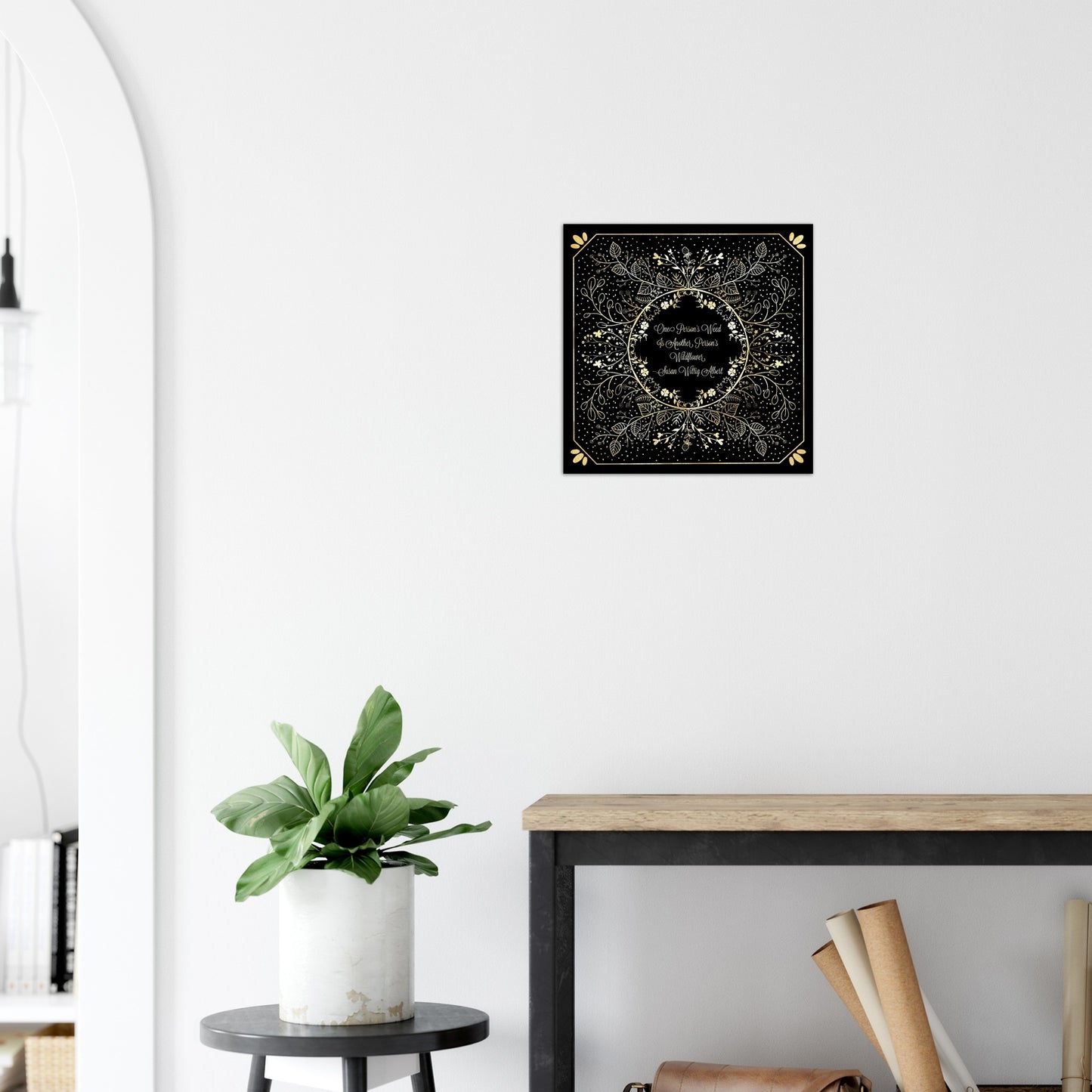 Gold Leaf Wildflowers Mandala with Quote on Black Aluminum Print