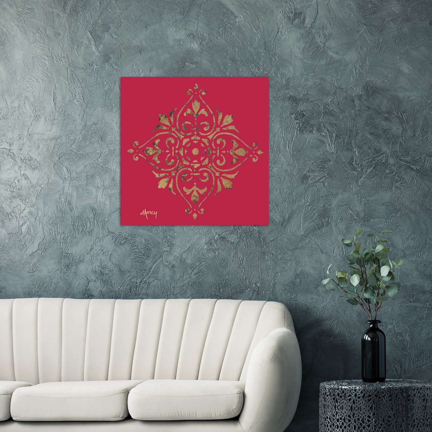 Gold Leaf Mandala on Viva Magenta Background Aluminum Print