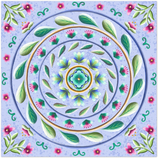 Painterly Mandala with Pink Flowers, Greenery and Textured Baby Blue Background Aluminum Print