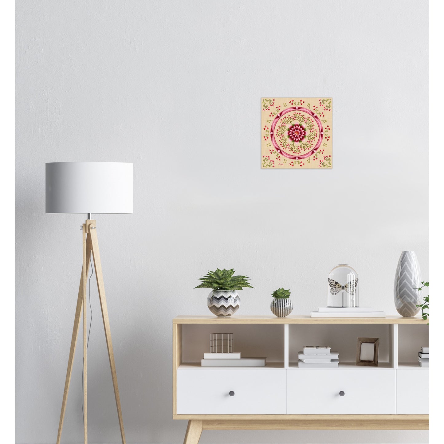 Pink Lotus Flower with Pink Berry Branches Mandala with Textured Yellow Background Aluminum Print