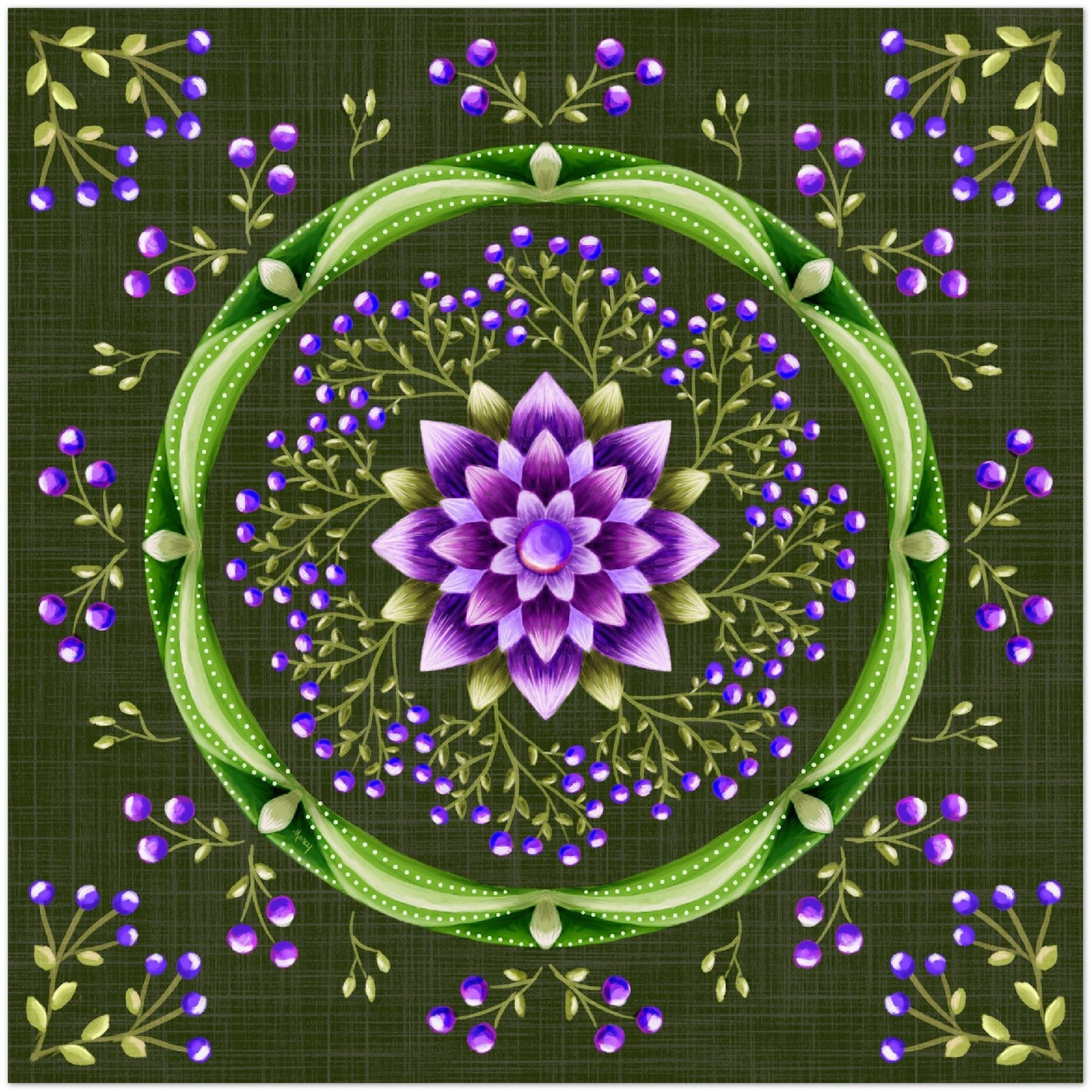 Purple Lotus Flower with Purple Berry Branches Mandala with Textured Charcoal Background Aluminum Print