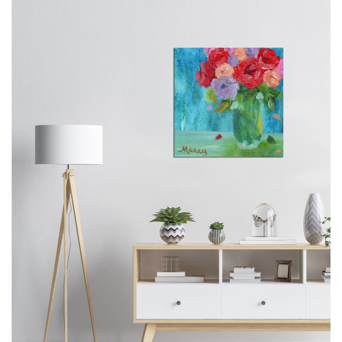 Impressionistic Fresh Roses in a Glass Vase in Cool Colors on Stretched Canvas