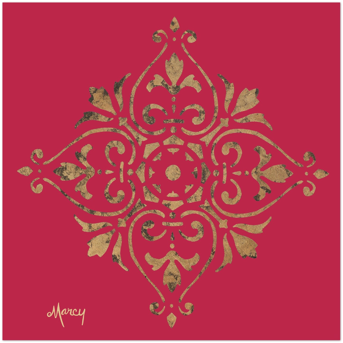 Gold Leaf Mandala on Viva Magenta Background Aluminum Print