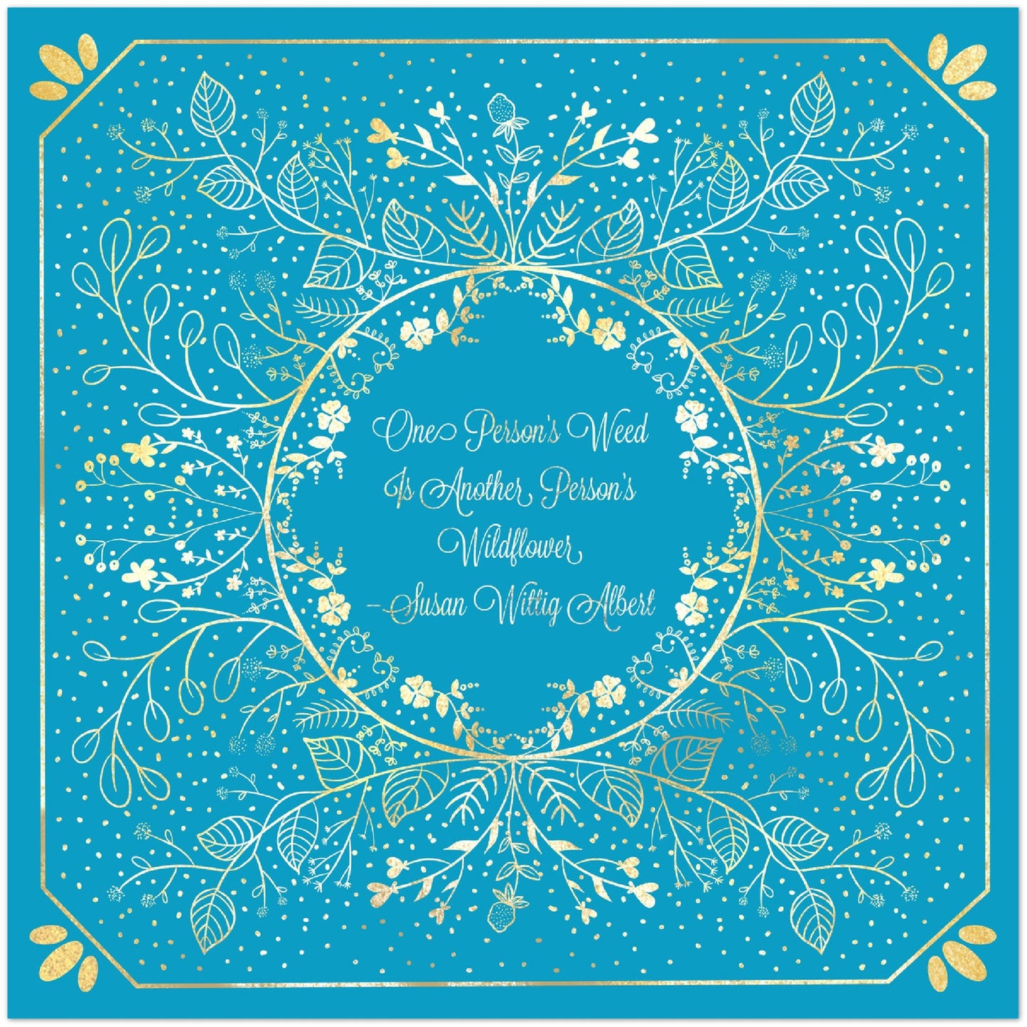 Gold Leaf Wildflowers Mandala on Blue with Quote Aluminum Print