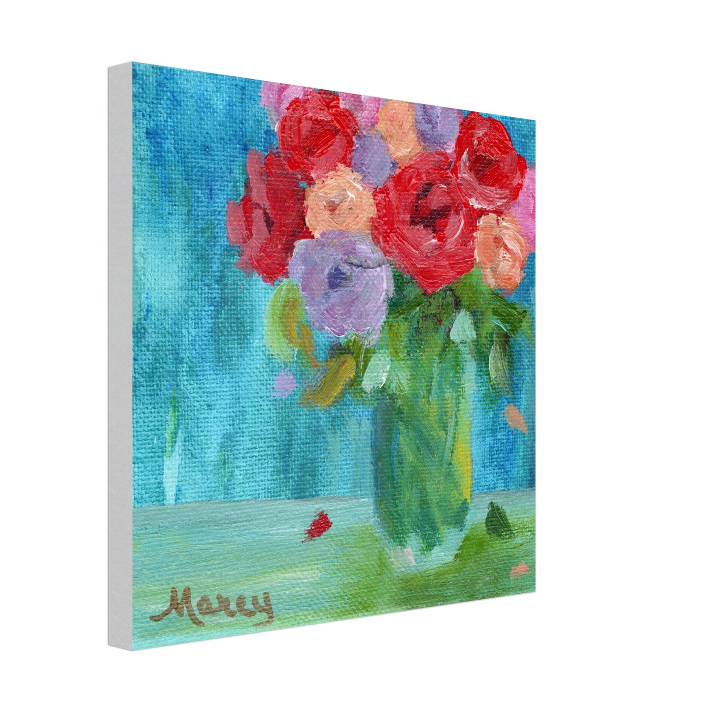 Impressionistic Fresh Roses in a Glass Vase in Cool Colors on Stretched Canvas