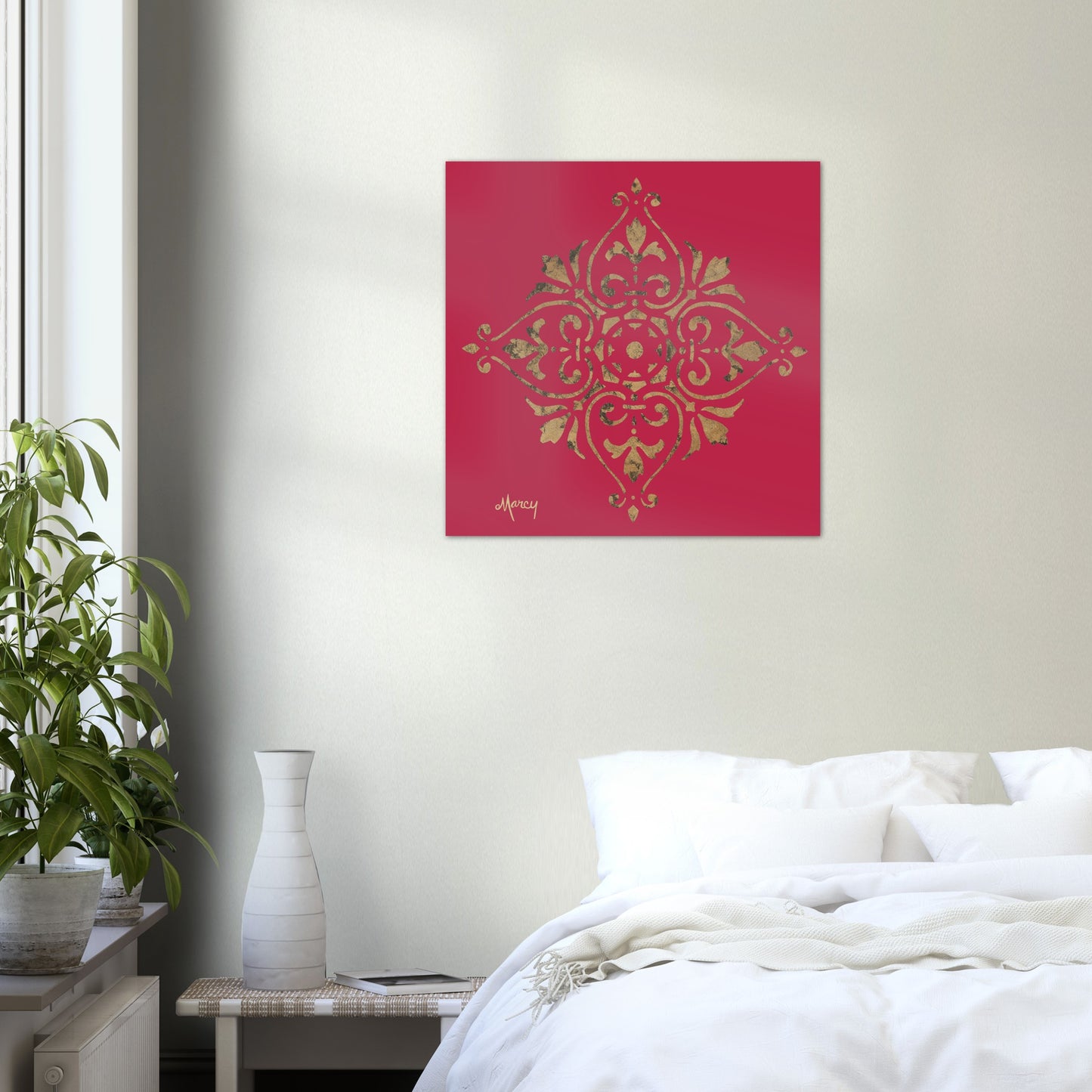 Gold Leaf Mandala on Viva Magenta Background Aluminum Print