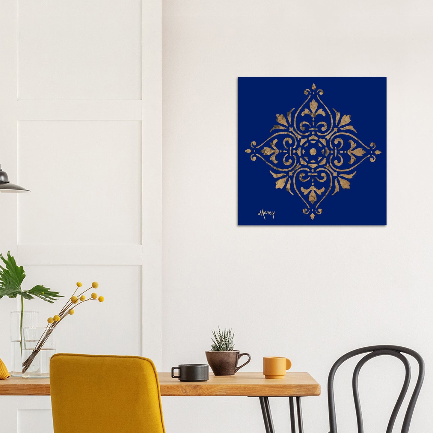 Gold Leaf Mandala on Indigo Background Aluminum Print