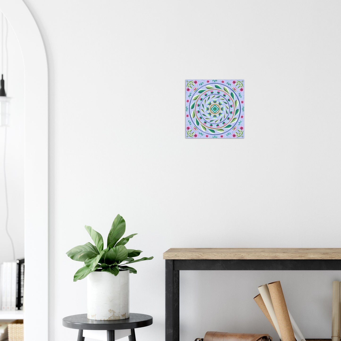 Painterly Mandala with Pink Flowers, Greenery and Textured Baby Blue Background Aluminum Print