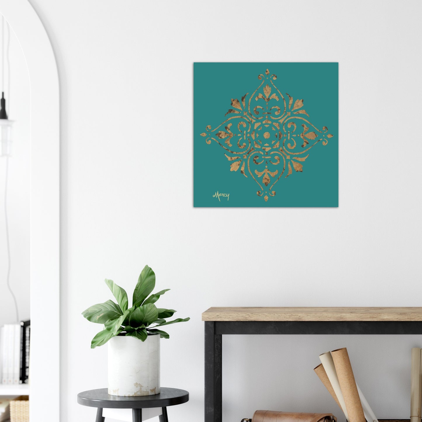 Gold Leaf Mandala on Teal Background Aluminum Print
