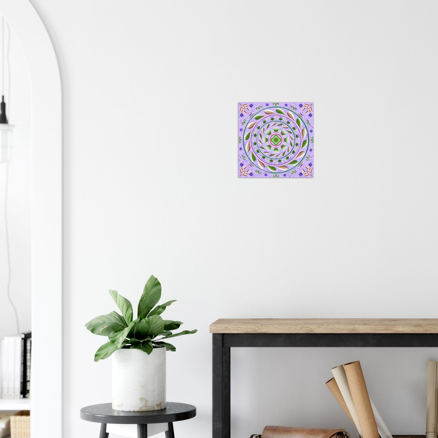 Painterly Mandala with Purple Flowers, Greenery and Textured Lavender Background Aluminum Print
