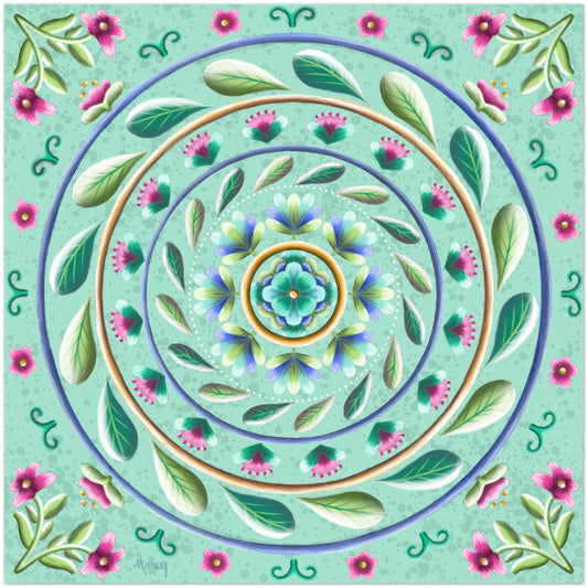 Painterly Mandala with Pink Flowers, Greenery and Textured Mint Background Aluminum Print