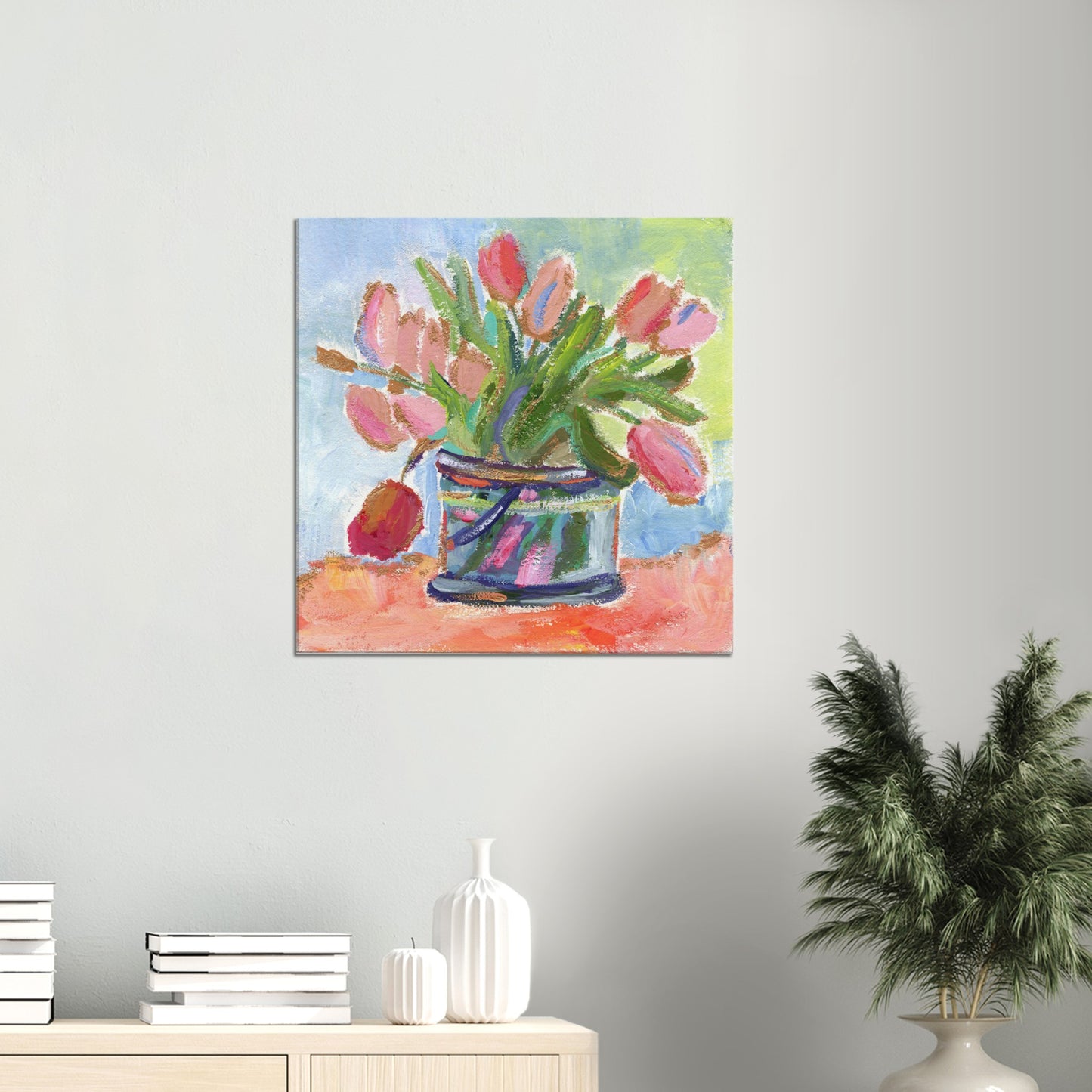 Tulip Love — Impressionistic Pink Tulip Gouache Painting Printed on Stretched Canvas
