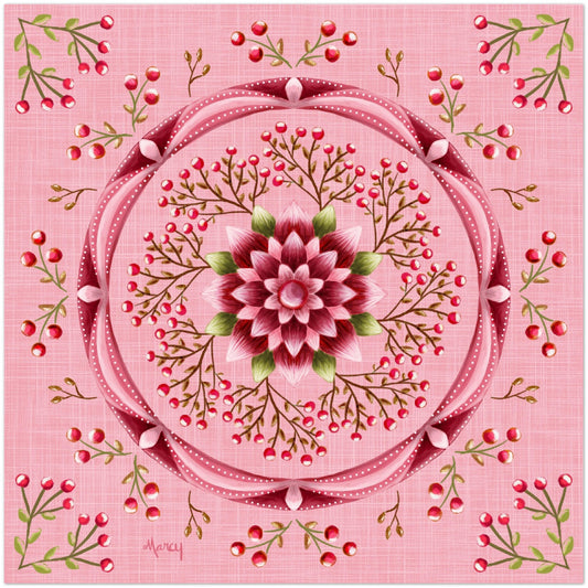 Pink Lotus Flower with Pink Berry Branches Mandala on Pink Textured Background Aluminum Print