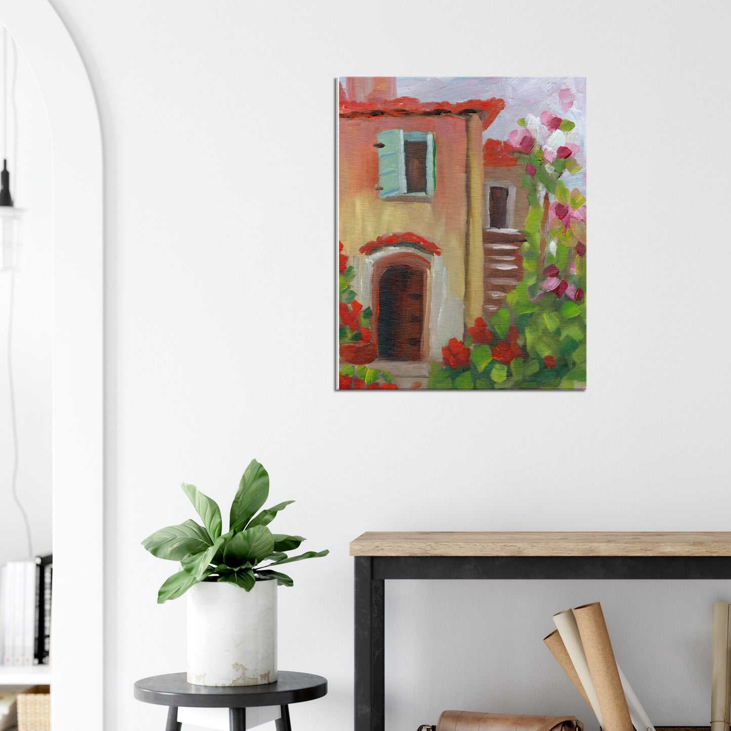 Charming Tuscan Villa with Potted Red Geraniums Original Oil & Stretched Canvas Prints
