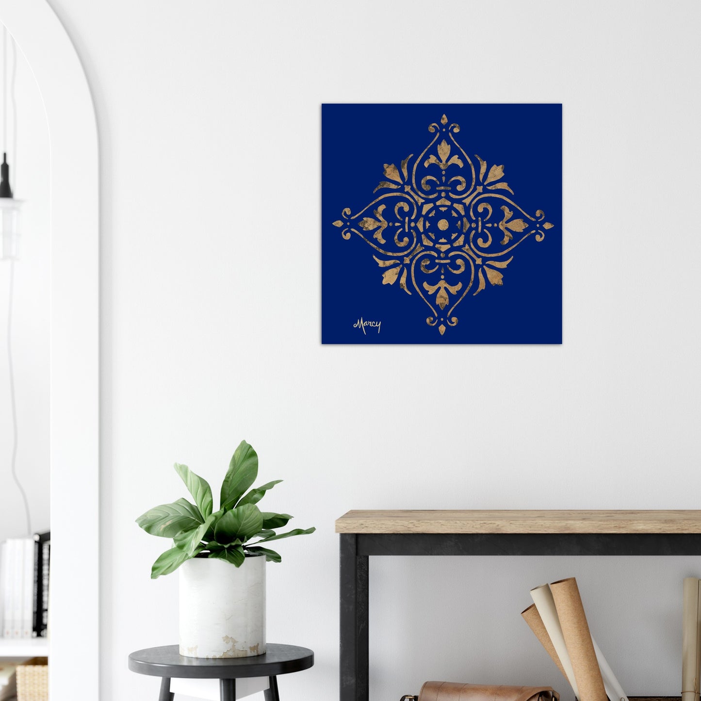 Gold Leaf Mandala on Indigo Background Aluminum Print