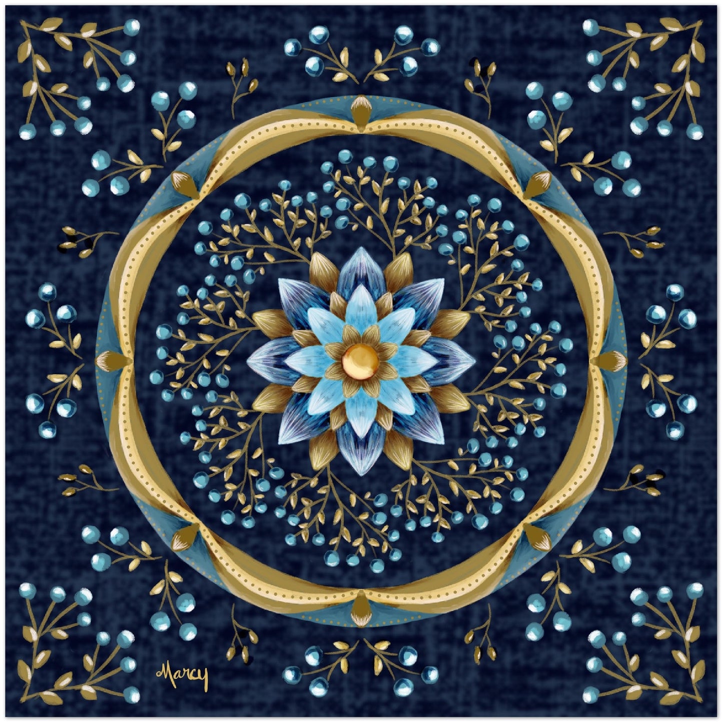 Blue Lotus Flower with Blue Berry Branches and Gold Accents Mandala Aluminum Print